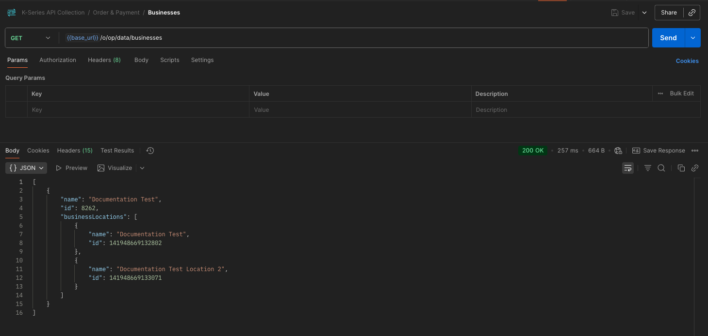 Order &amp; Payment API Get Businesses